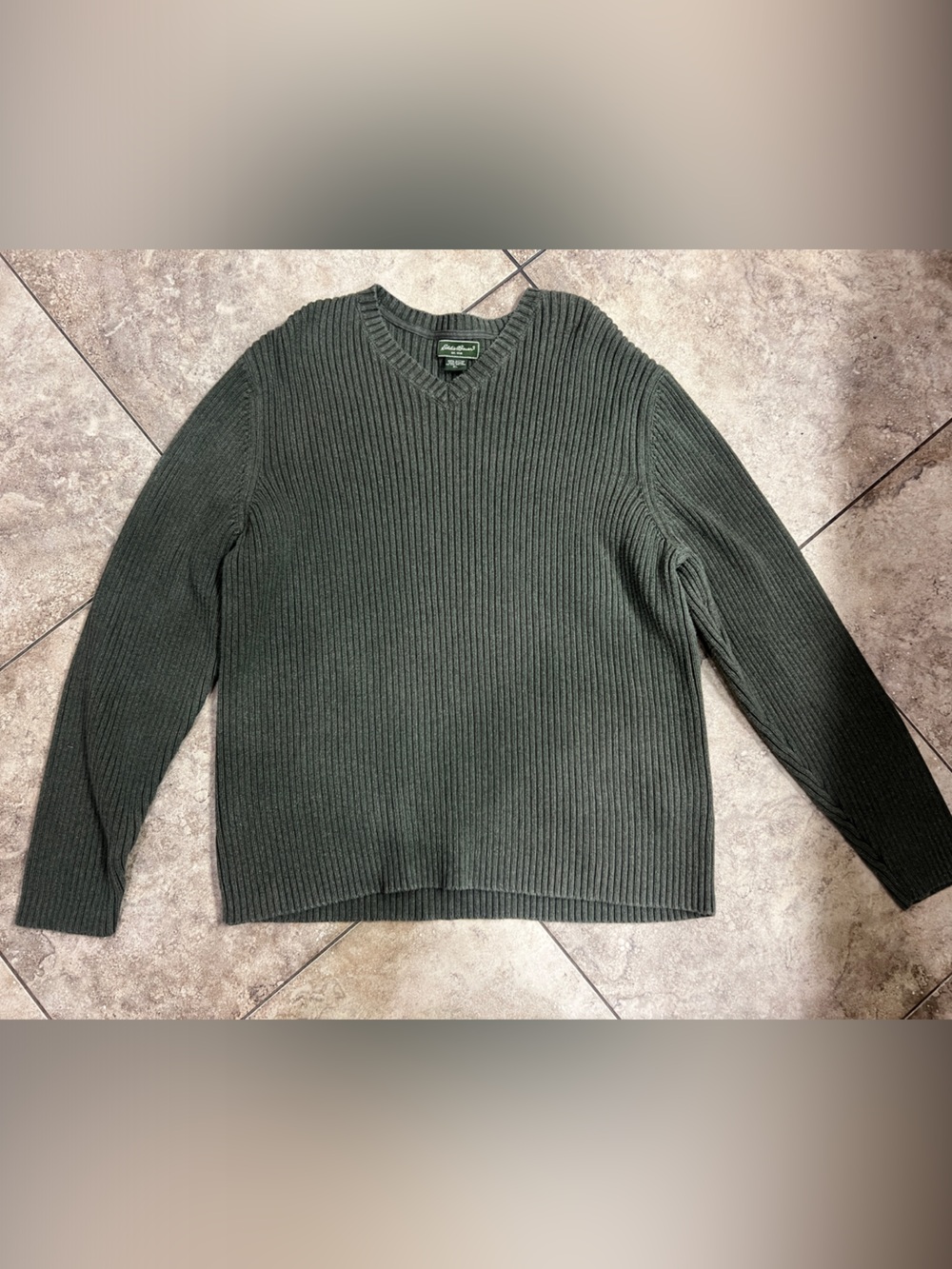 Eddie Bauer Olive Ribbed V-Neck Crew Sweater